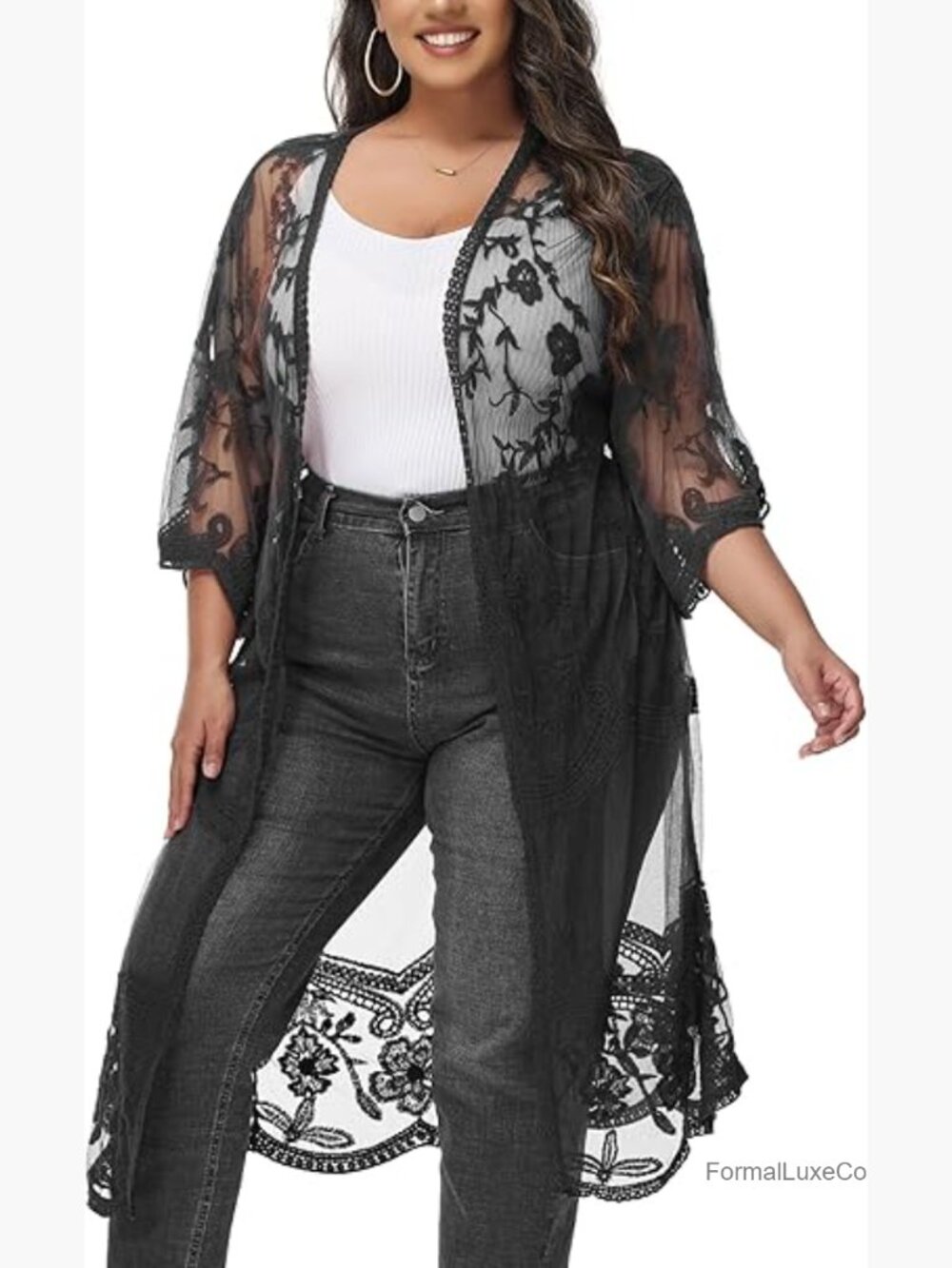 Plus Size Lace Cardigan Embroidered Long Kimono Duster Half Sleeve